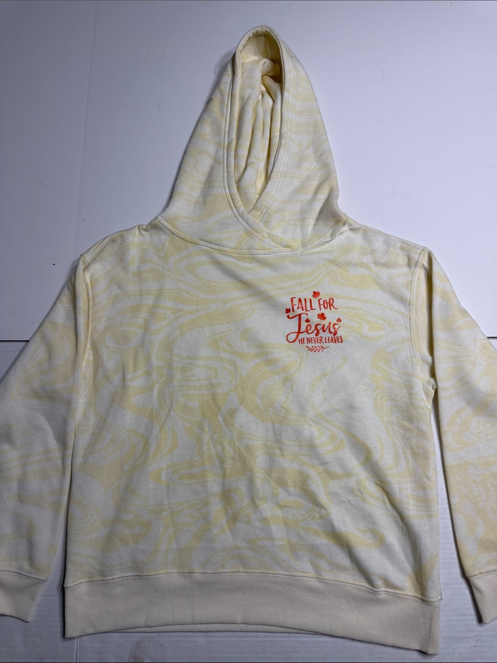 Light Cream-Yellow Tie-Dye Hoodie ‘Fall For Jesus He Never Leaves’
